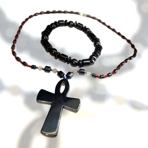 Beaded Hematite-Style Ankh Necklace & Bracelet Set – Black Red White Tribal Vibe